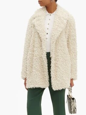TIBI Notch Lapel Faux-Shearling Coat Ivory Size Small